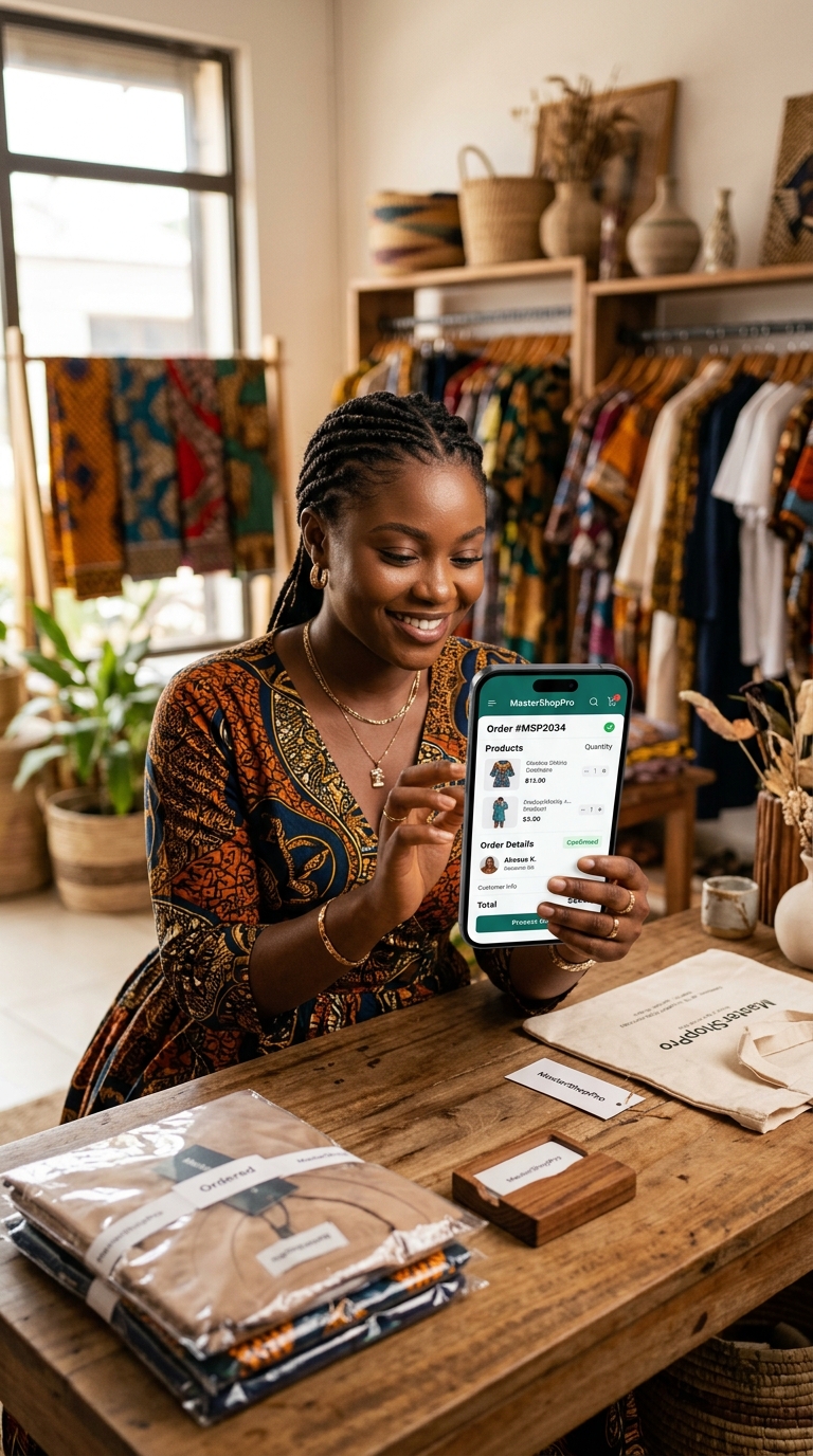 Vendeuse utilisant son telephone pour suivre ses commandes